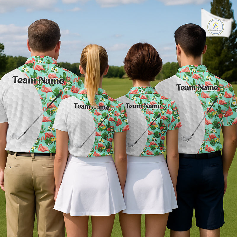 Custom Womens Golf Polo Shirt, Green Tropical Pink Flamingo Pattern Personalized Ladies Golf Top NHN0023
