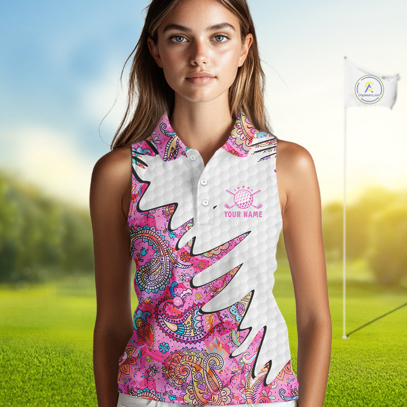 Pink Paisley Pattern Womens Sleeveless Golf Polo Shirt Custom Tropical Golf Attire For Ladies NHN0149
