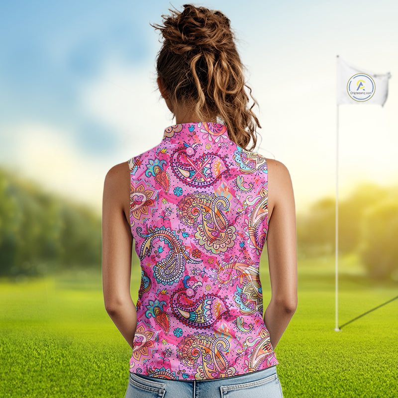Pink Paisley Pattern Womens Sleeveless Golf Polo Shirt Custom Tropical Golf Attire For Ladies NHN0149