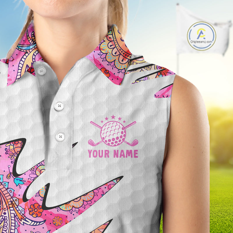 Pink Paisley Pattern Womens Sleeveless Golf Polo Shirt Custom Tropical Golf Attire For Ladies NHN0149