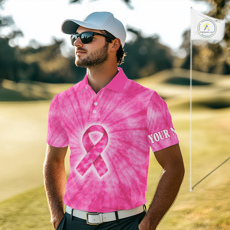 Breast Cancer Golf Shirt Custom Pink Tie Dye Pattern Mens Golf Polo Shirt Personalized Golf Gifts NHN0153
