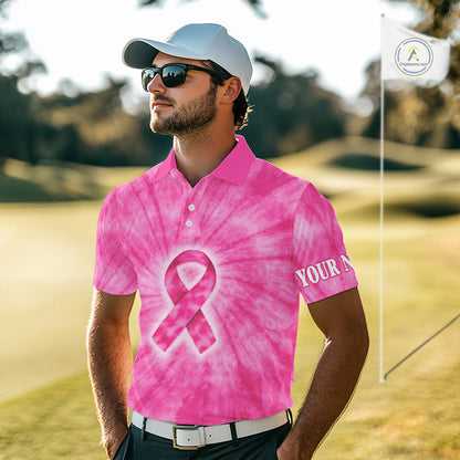 Breast Cancer Golf Shirt Custom Pink Tie Dye Pattern Mens Golf Polo Shirt Personalized Golf Gifts NHN0153