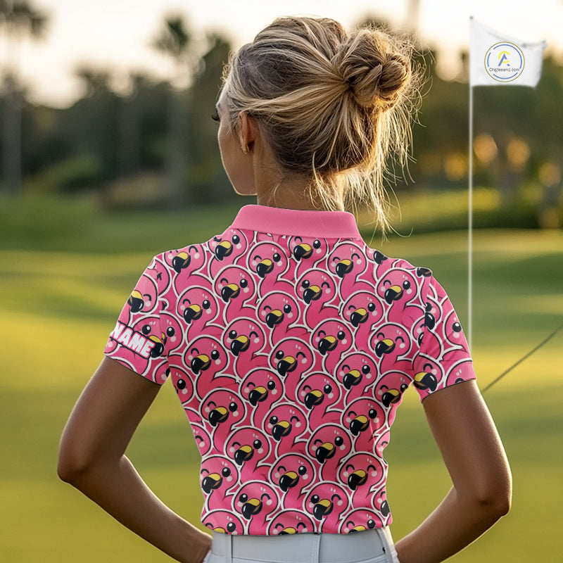 Pink Flamingo Pattern Womens Golf Polo Shirts Custom Name Funny Team Ladies Golf Tops, Golf Gifts NHN0160