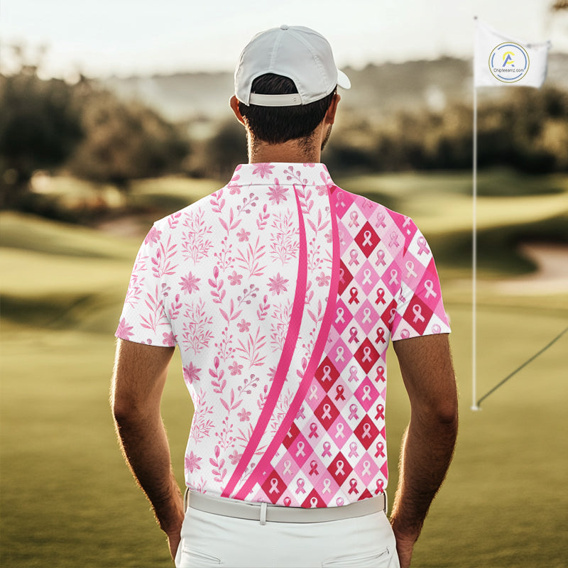 Pink Plaid Mens Golf Polo Shirt Custom Pink Ribbon Breast Cancer Awareness Team Golf Tops, Golf Gifts NHN0164