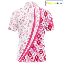 Load image into Gallery viewer, Pink Plaid Mens Golf Polo Shirt Custom Pink Ribbon Breast Cancer Awareness Team Golf Tops, Golf Gifts NHN0164