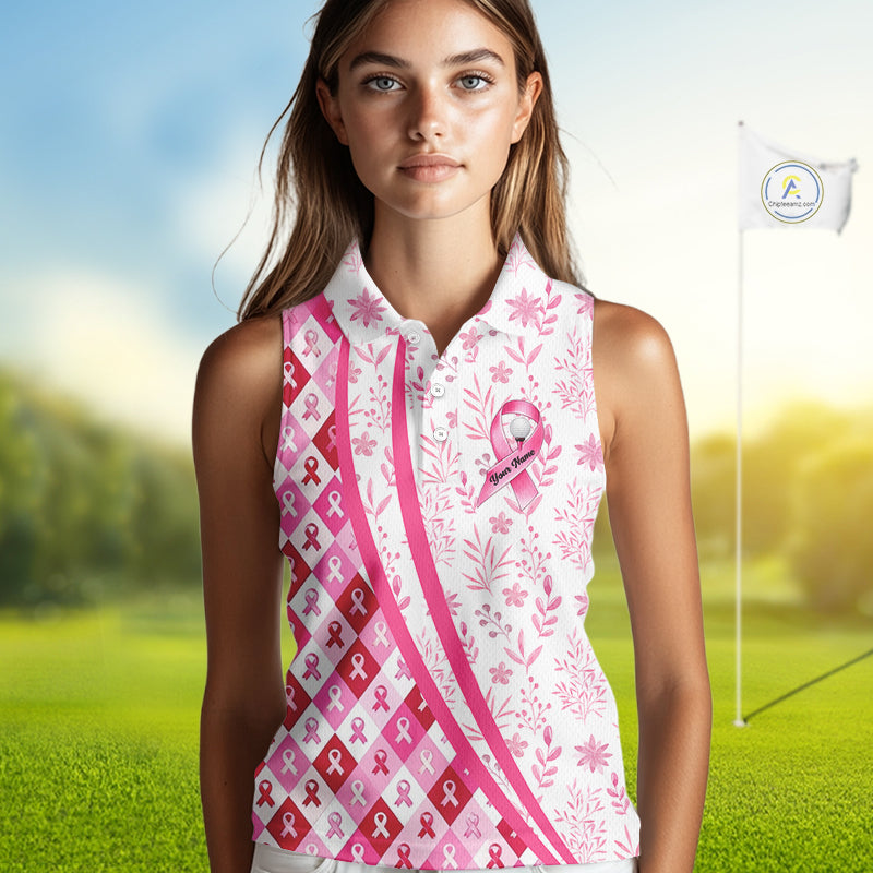 Pink Plaid Womens Sleeveless Golf Polo Shirt Custom Pink Ribbon Breast Cancer Awareness Team Golf Tops NHN0164