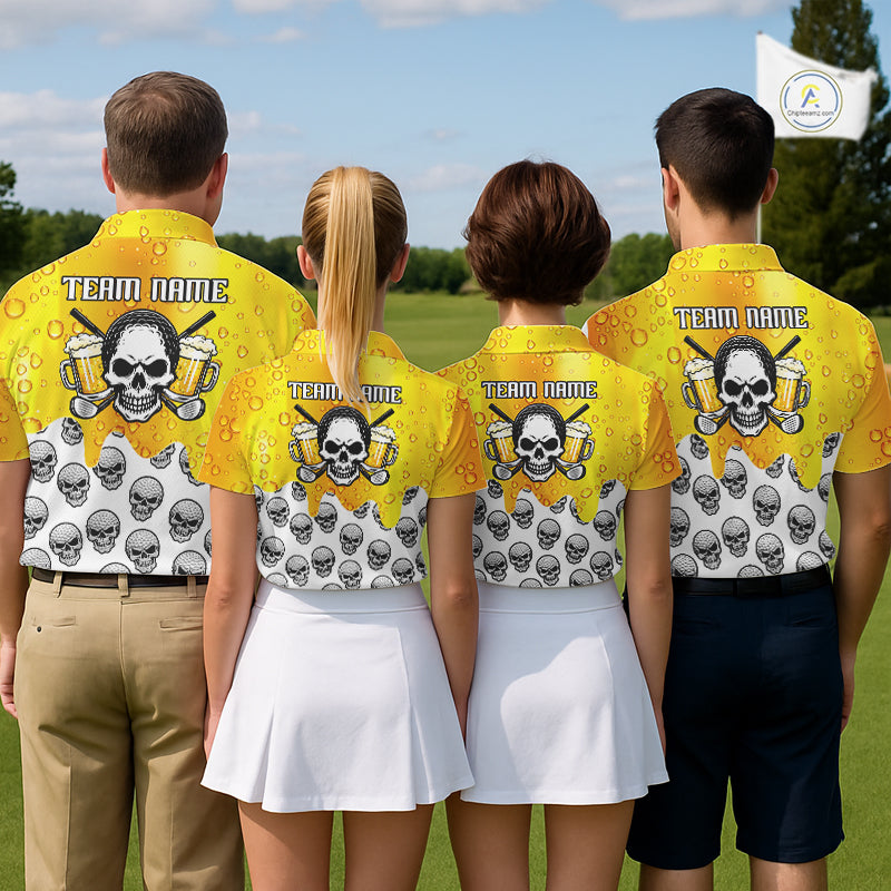 Beer Skull Mens Golf Polo Shirt Custom Name Funny Team Golf Tops For Men, Golfer Gifts NHN0166