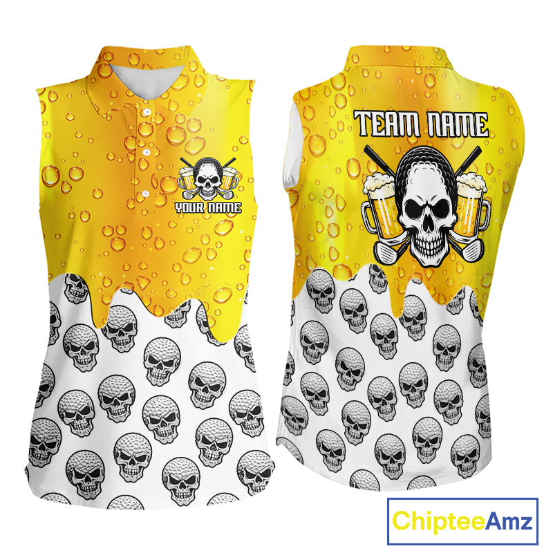 Beer Skull Womens Sleeveless Golf Polo Shirt Custom Name Funny Team Golf Tops For Ladies, Golfer Gifts NHN0166