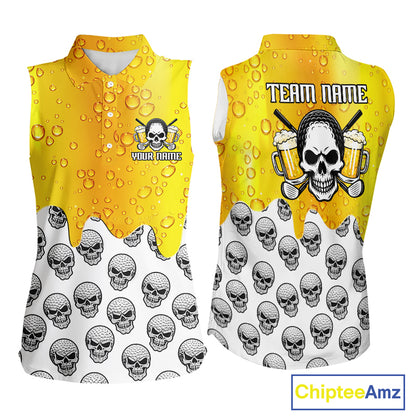 Beer Skull Womens Sleeveless Golf Polo Shirt Custom Name Funny Team Golf Tops For Ladies, Golfer Gifts NHN0166