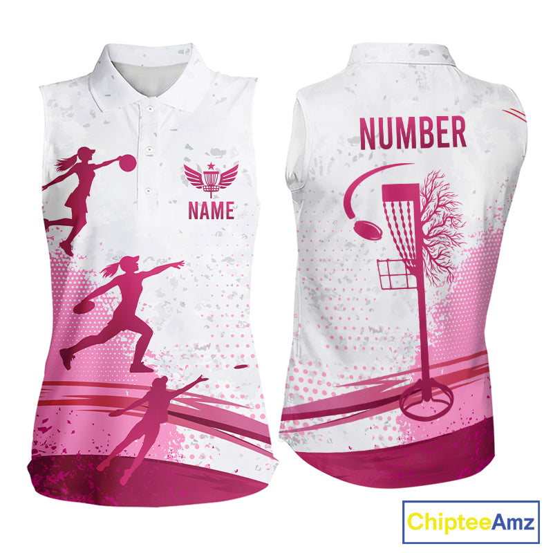 Pink Disc Golf Basket Womens Sleeveless Polo Shirt Custom Name & Number Team Disc Golf Shirt NHN0035
