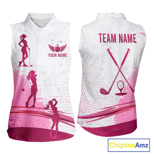 Pink White Womens Golf Polo Shirts Custom Name Golf Shirts For Women Sleeveless Personalized Golf Ball Gifts NHN0037