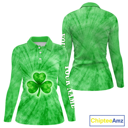Green Tie Dye Womens Long Sleeve Golf Polo Shirt Custom Name Green Clover St Patrick Day Golf Tops NHN0168