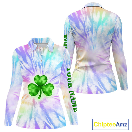 Colorful Pastel Tie Dye Womens Long Sleeve Golf Polo Shirt Custom Green Clover St Patrick Day Golf Top NHN0169