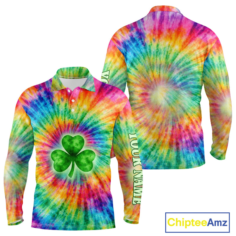 Colorful Tie Dye Long Sleeve Golf Polo Shirt Custom Green Clover St Patrick Day Golf Tops, Golf Gifts NHN0170