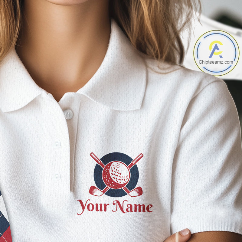 Matching Golf Polo Shirts For Couples Custom Red and Blue Argyle Pattern Golf Ball Cactus Golf Shirts NHN0040