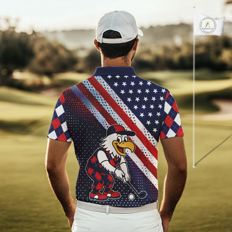 Funny American Flag Eagle Mens Golf Polo Shirts Patriotic Red & Blue Argyle Pattern Golf Ball Custom NHN0044