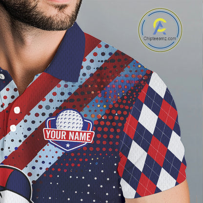Funny American Flag Eagle Mens Golf Polo Shirts Patriotic Red & Blue Argyle Pattern Golf Ball Custom NHN0044