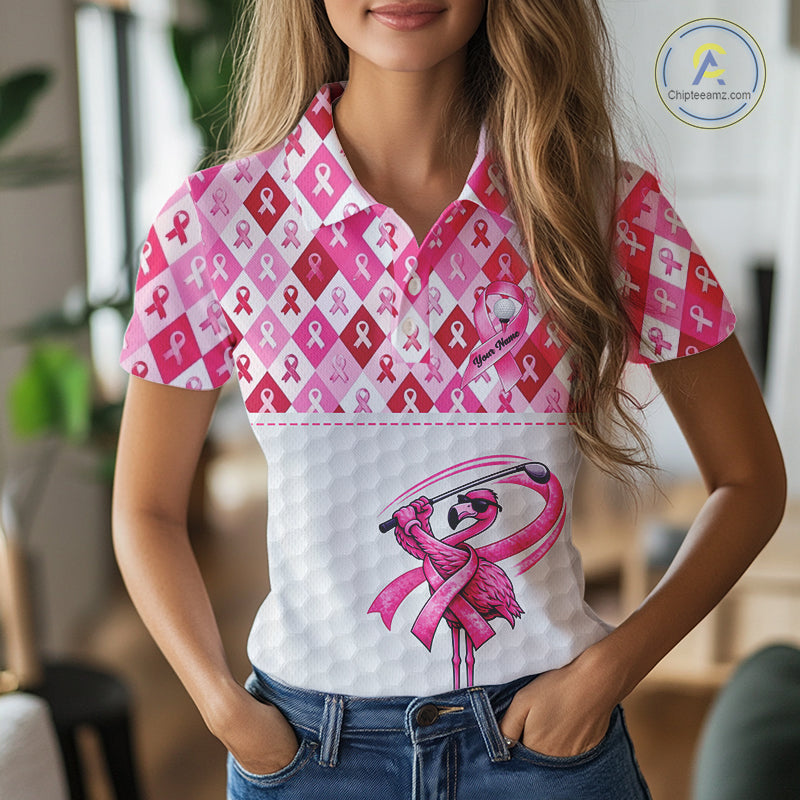 Womens Golf Polo Shirt Custom Pink Flamingo Ribbon Argyle Pattern, Breast Cancer Awareness Golf Tops NHN0177
