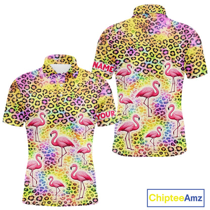 Flamingo Mens Golf Polo Shirt Colorful Rainbow Leopard Print Pattern Custom Team Golf Tops For Men NHN0181
