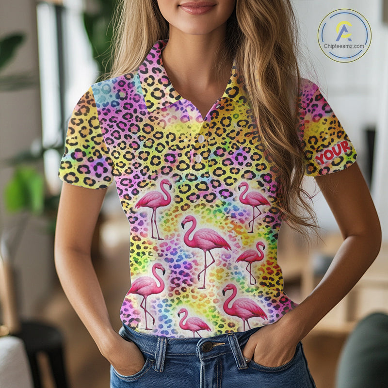 Flamingo Womens Golf Polo Shirt Colorful Rainbow Leopard Print Pattern Custom Team Ladies Golf Top NHN0181