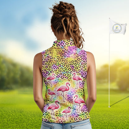 Flamingo Womens Sleeveless Golf Polo Shirt Colorful Rainbow Leopard Print Pattern Custom Team Golf Top NHN0181