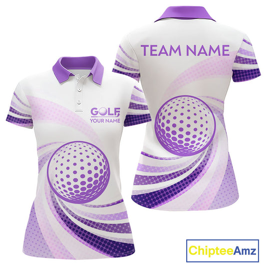 Purple And White Womens Golf Polo Shirts Custom Name Golf Shirt For Ladies Personalized Golf Ball NHN0053