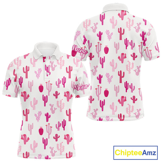 Funny Pink Cactus Pattern Mens Golf Polo Shirts Custom Cactus Golf Attire For Men, Golfer Gift NHN0185