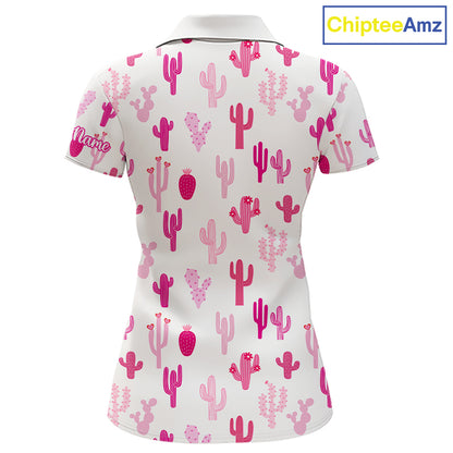 Funny Pink Cactus Pattern Womens Golf Polo Shirts Custom Cactus Ladies Golf Attire, Golfer Gift NHN0185