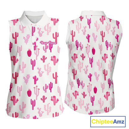 Funny Pink Cactus Pattern Womens Sleeveless Golf Polo Shirts Custom Cactus Ladies Golf Attire, Golf Gift NHN0185
