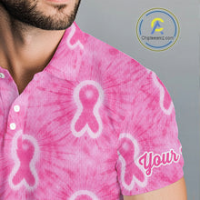 Load image into Gallery viewer, Pink Breast Cancer Golf Shirt Custom Name Tie Dye Mens Golf Polo Shirt Personalized Golf Gifts NHN0188