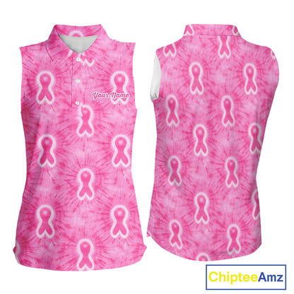 Pink Breast Cancer Golf Shirt Custom Tie Dye Womens Sleeveless Golf Polo Shirt, Pink Golf Gifts NHN0188