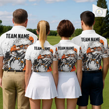 Load image into Gallery viewer, Custom Mens Golf Polo Shirt Orange &amp; White Grunge Ripped Eagle Grasping Golf Ball Golf Apparel NHN0054
