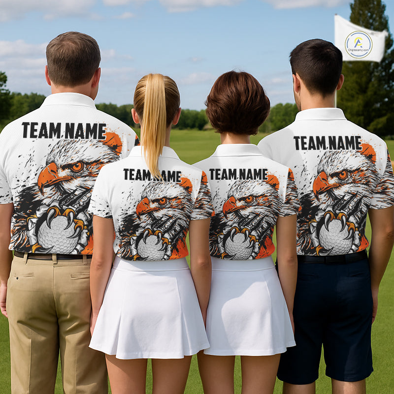 Custom Womens Golf Polo Shirt Orange & White Grunge Ripped Eagle Grasping Golf Ball Golf Apparel NHN0054