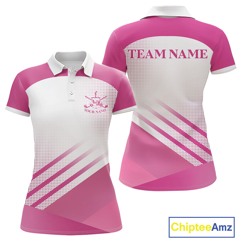 Womens Golf Polo Shirt Custom Pink And White Pattern With Golf Cart Golf Ball Shirts For Women NHN0059