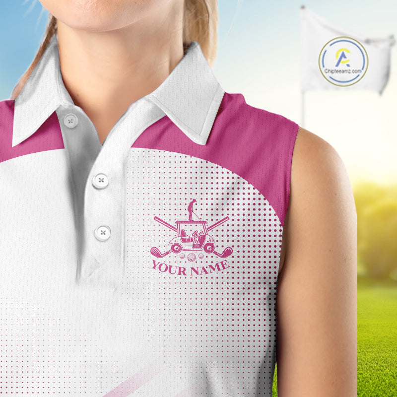 Womens Sleeveless Golf Polo Shirt Custom Pink And White Pattern Golf Cart & Golf Ball Design NHN0059