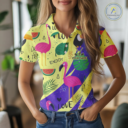 Funny Womens Golf Polo Shirt Custom Tropical Summer Pattern, Flamingo Golf Shirts For Ladies NHN0195