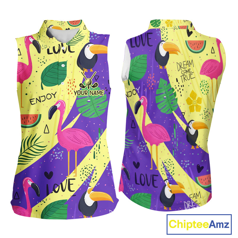 Funny Womens Sleeveless Golf Polo Shirt Custom Tropical Summer Pattern, Flamingo Golf Shirt For Ladies NHN0195