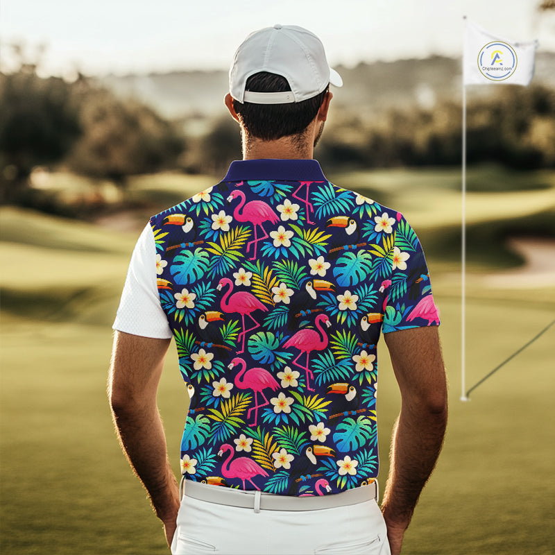 Funny Mens Golf Polo Shirts Custom Tropical Pattern, Golden Retriever Golf Shirt, Dog Lover Gift NHN0196