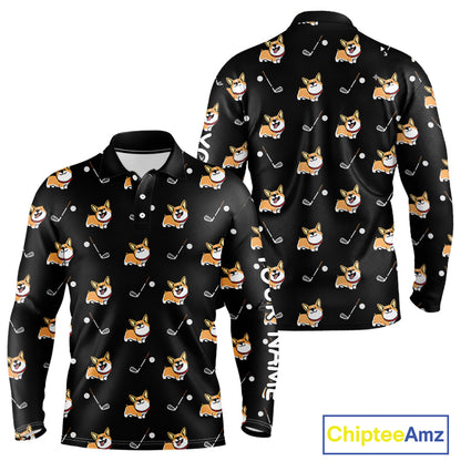 Black Mens Long Sleeve Golf Polo Shirt Custom Cute Dogs Corgi Print Golf Shirts For Men, Dog Lover Gift NHN0069
