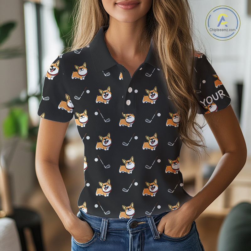Personalized Womens Golf Polo Shirts Custom Cute Dogs Corgi Print Golf Shirts, Funny Ladies Golf Tops NHN0069