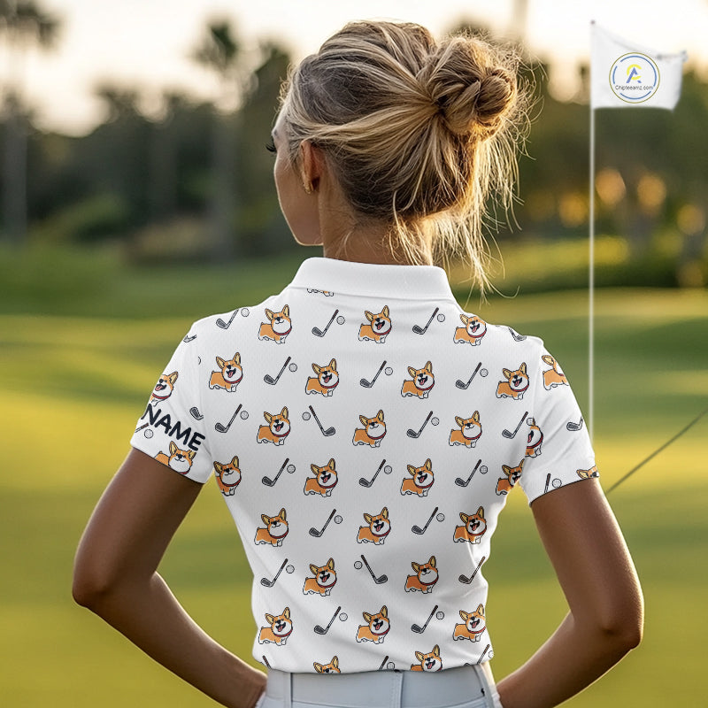 Womens Golf Polo Shirt Custom Cute Dogs Corgi Print White Golf Shirts For Women, Dog Lover Gift NHN0069
