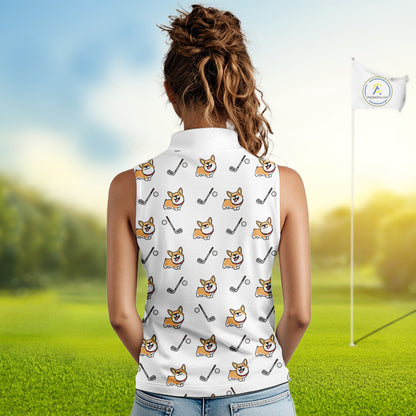 Womens Sleeveless Golf Polo Shirt Custom Cute Dogs Corgi Print White Golf Shirts, Dog Lover Gift NHN0069