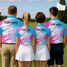 Load image into Gallery viewer, Mens Golf Polo Shirt Custom Blue And Pink Golf Shirt, White Team Golf Shirts Personalized  NHN0076