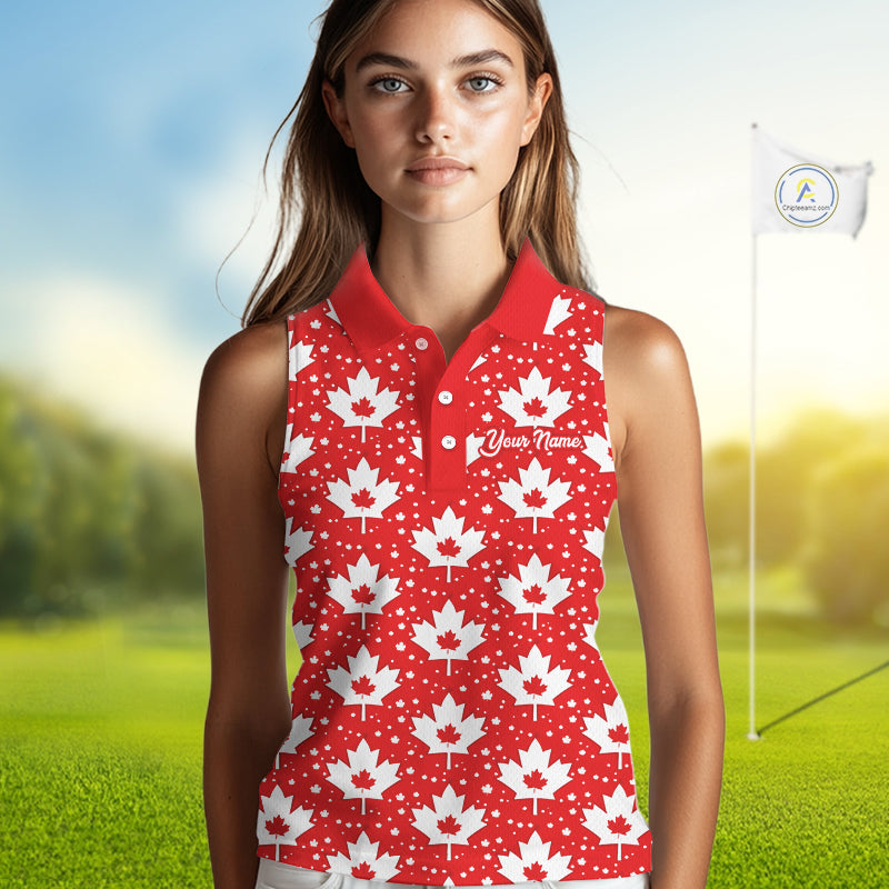 Red Maple Leaves Pattern Canadian Sleeveless Womens Golf Polo Shirts Custom Patriotic Golf Shirts For Men NHN0207