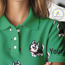 Load image into Gallery viewer, Womens Golf Polo Shirt Custom Funny Husky Green Pattern Team Ladies Golf Tops, Dog Lover Gift NHN0065