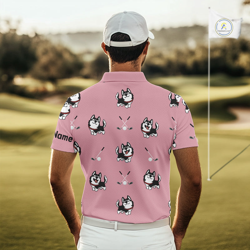 Mens Golf Polo Shirt Custom Funny Husky Pink Pattern Team Golf Tops For Men, Dog Lover Gift NHN0065