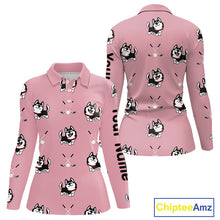 Load image into Gallery viewer, Womens Long Sleeve Golf Polo Shirt Custom Funny Husky Pink Pattern Team Ladies Golf Tops, Dog Lover Gift NHN0065