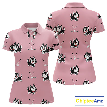 Womens Golf Polo Shirt Custom Funny Husky Pink Pattern Team Ladies Golf Tops, Dog Lover Gift NHN0065