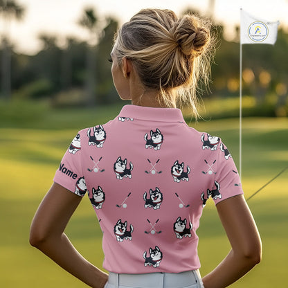 Womens Golf Polo Shirt Custom Funny Husky Pink Pattern Team Ladies Golf Tops, Dog Lover Gift NHN0065
