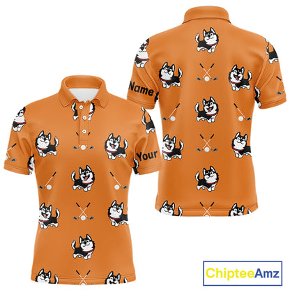 Men Golf Polo Shirt Custom Funny Husky Orange Pattern Team Golf Tops For Men, Dog Lover Gift NHN0065